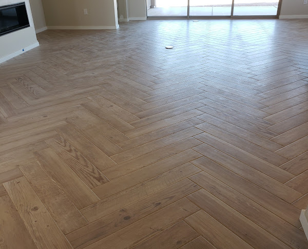 Wood look tile flooring custom layout